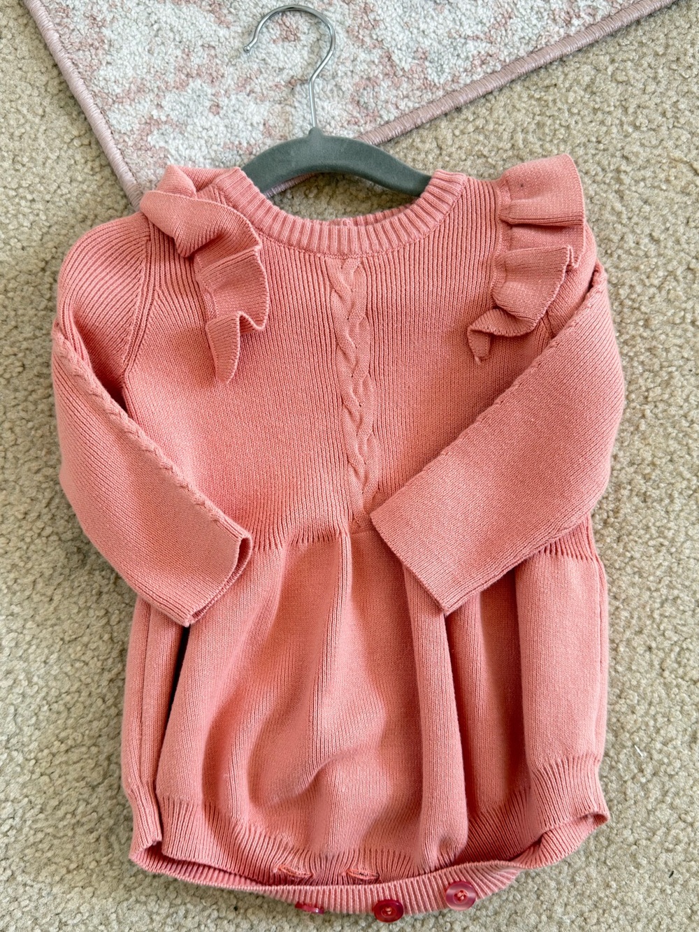 Baby Knit One-Piece in Dusty Coral with Ruffle Shoulders